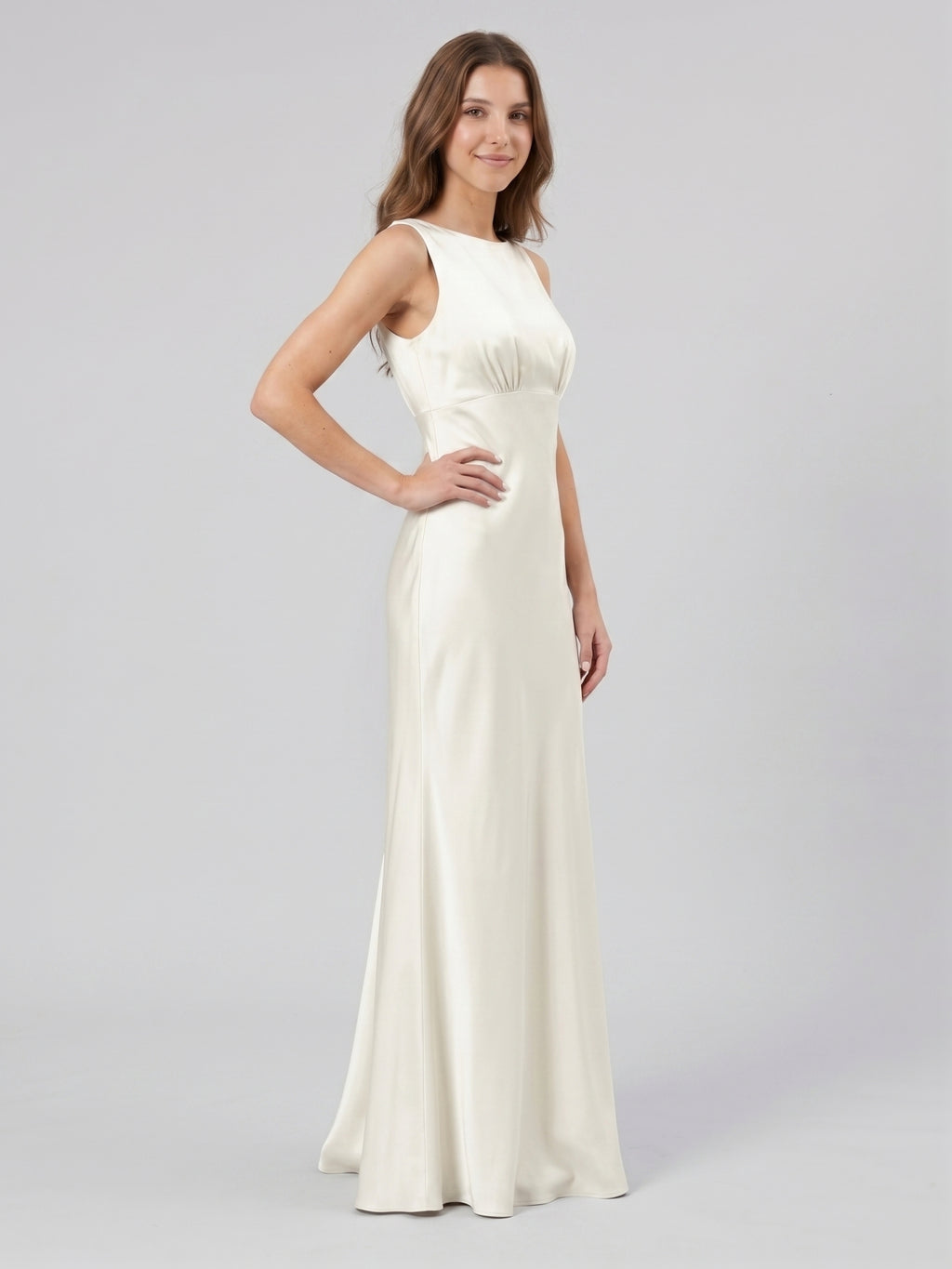 Ivory Satin Sheath Scoop Neck Back Zip Floor-Length Bridesmaid Dress