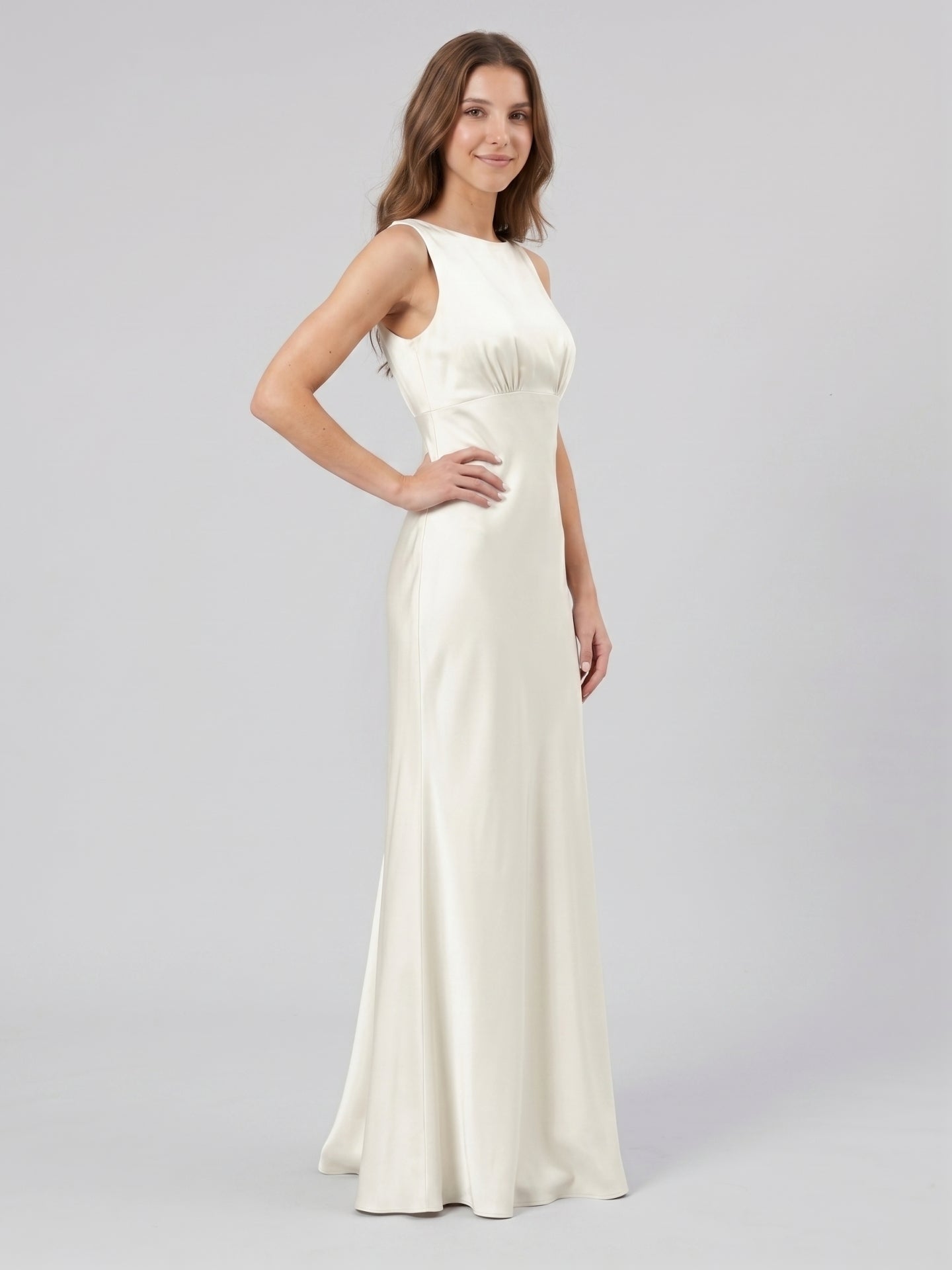 Ivory Satin Sheath Scoop Neck Back Zip Floor-Length Bridesmaid Dress