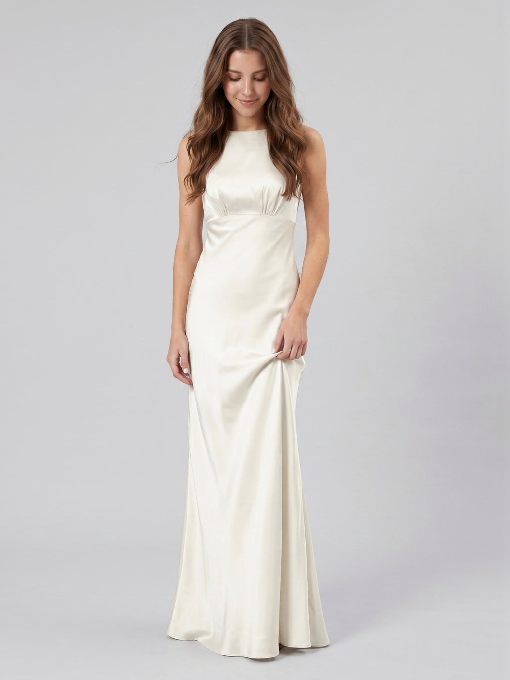 Ivory Satin Sheath Scoop Neck Back Zip Floor-Length Bridesmaid Dress
