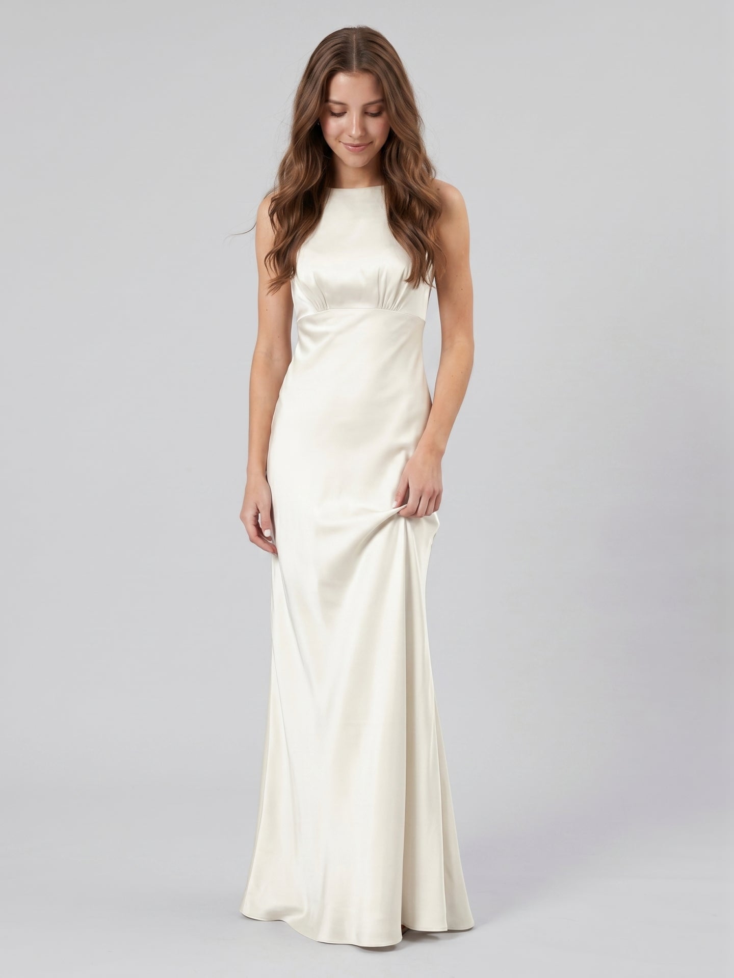 Ivory Satin Sheath Scoop Neck Back Zip Floor-Length Bridesmaid Dress