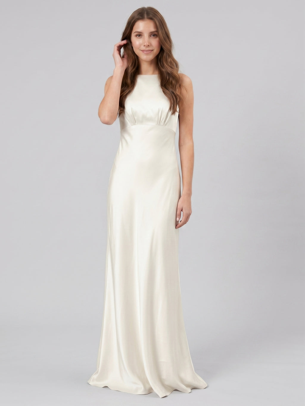 Ivory Satin Sheath Scoop Neck Back Zip Floor-Length Bridesmaid Dress