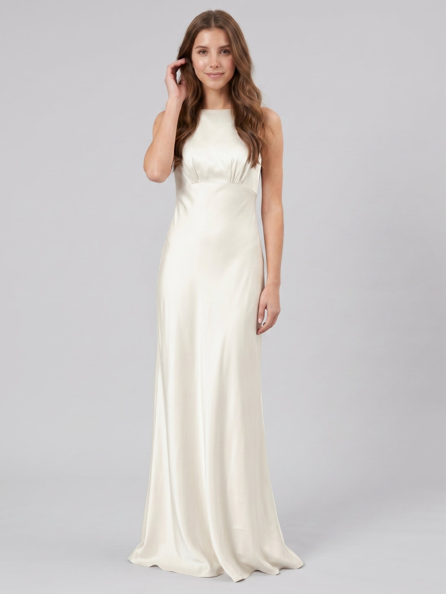 Ivory Satin Sheath Scoop Neck Back Zip Floor-Length Bridesmaid Dress