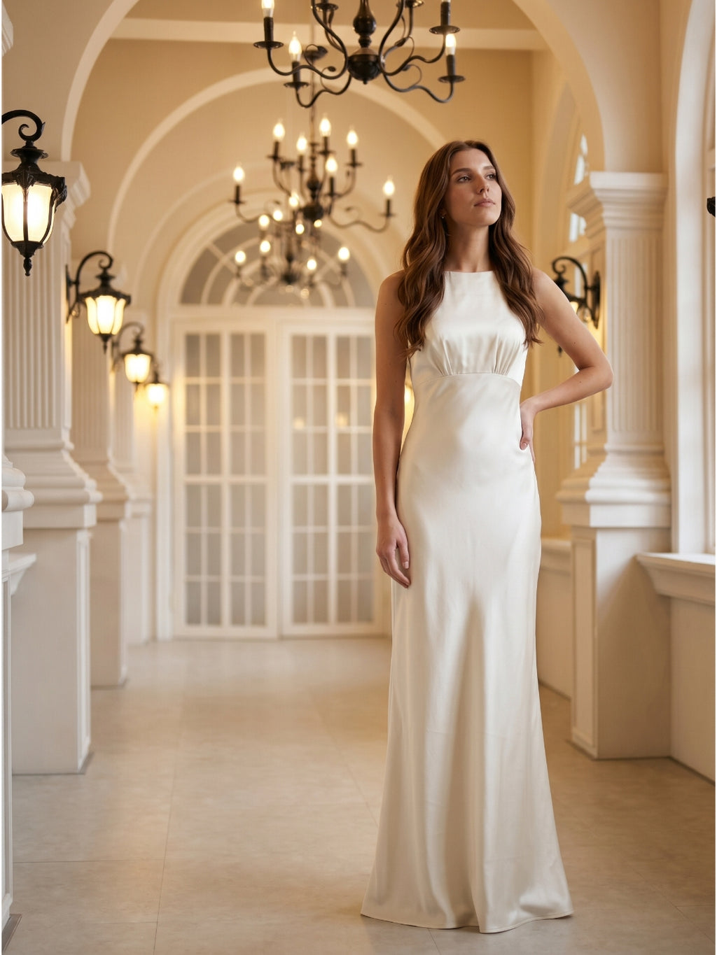Ivory Satin Sheath Scoop Neck Back Zip Floor-Length Bridesmaid Dress