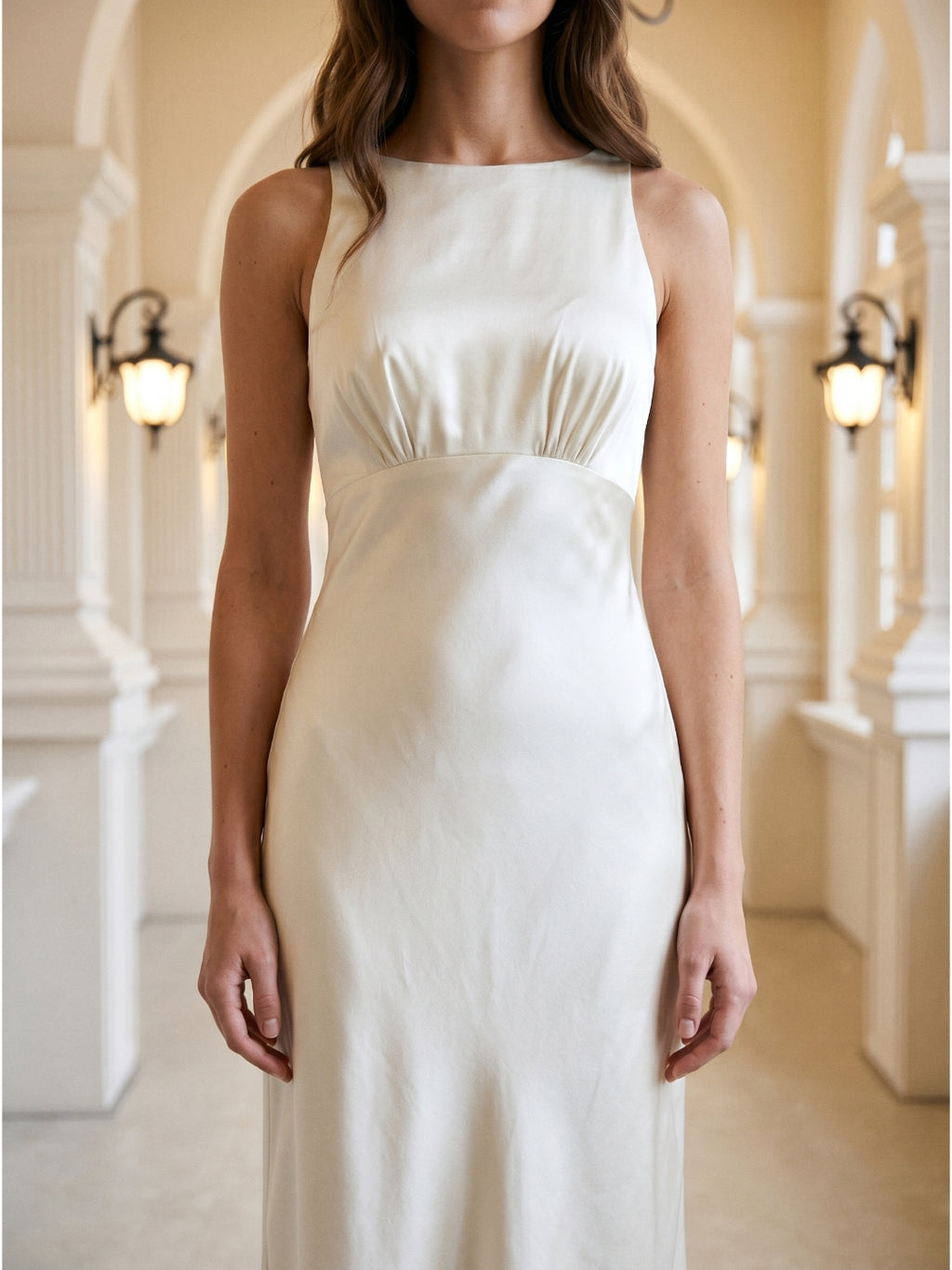 Ivory Satin Sheath Scoop Neck Back Zip Floor-Length Bridesmaid Dress