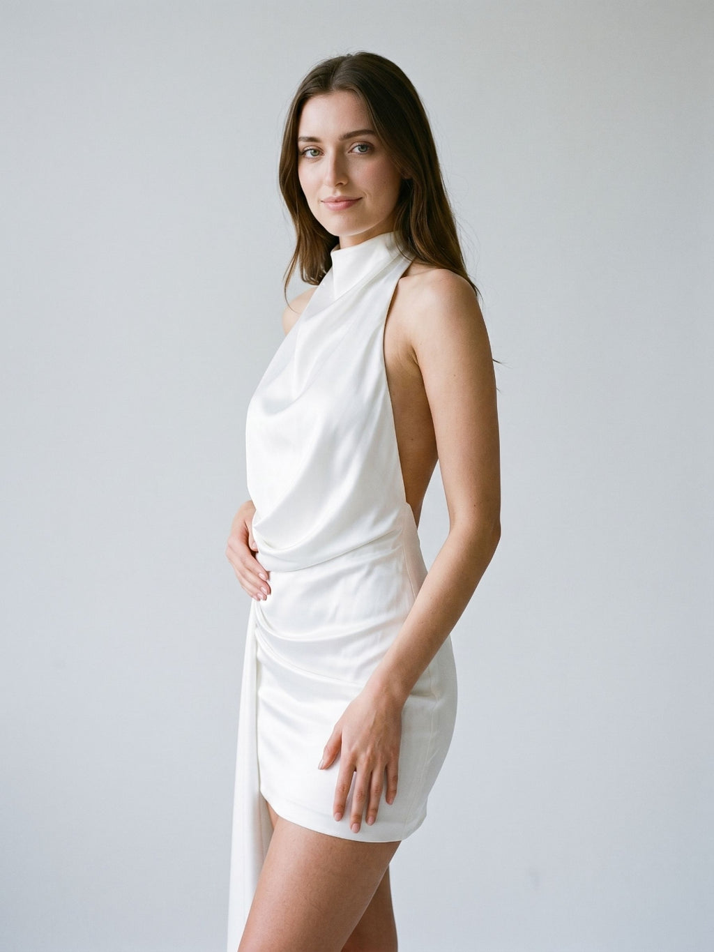 Ivory Satin Sheath Scoop Neck Backless Short Dress with Pleating