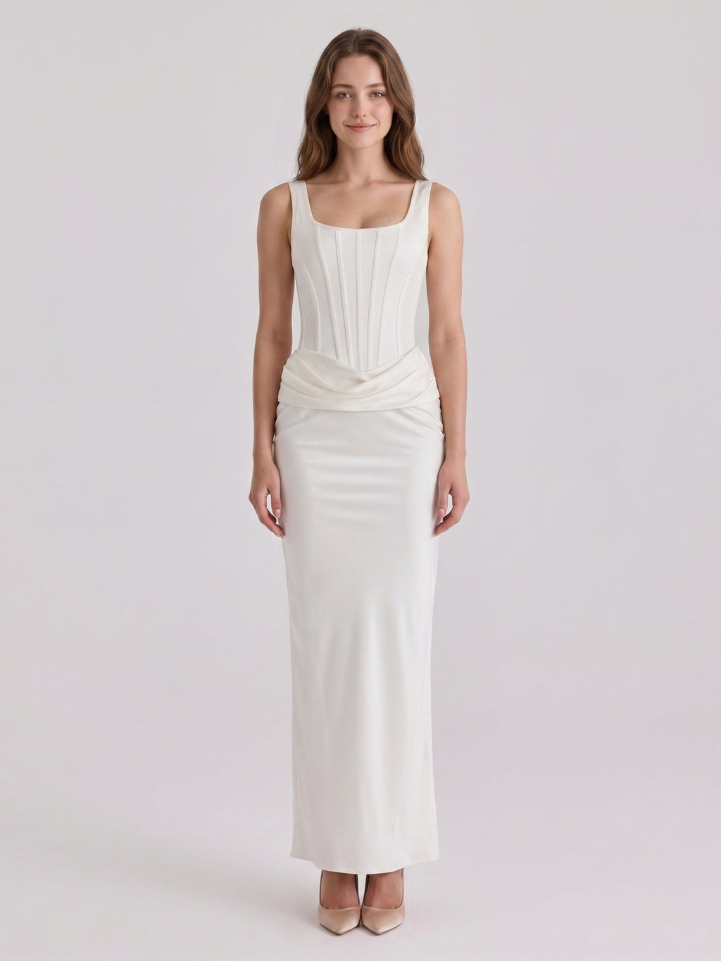Ivory Satin Sheath Square Neck Side Zip Ankle-Length Pleated Bridesmaid Dress