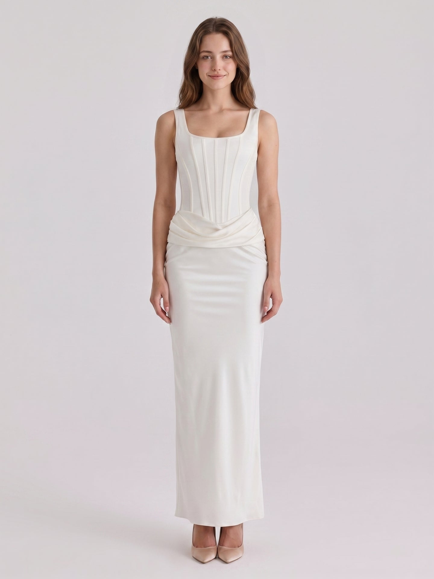 Ivory Satin Sheath Square Neck Side Zip Ankle-Length Pleated Bridesmaid Dress