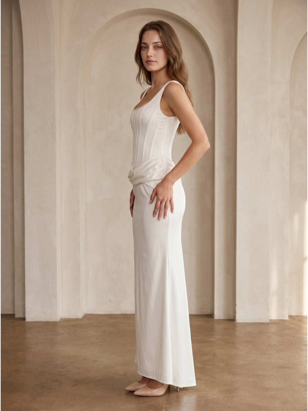 Ivory Satin Sheath Square Neck Side Zip Ankle-Length Pleated Bridesmaid Dress