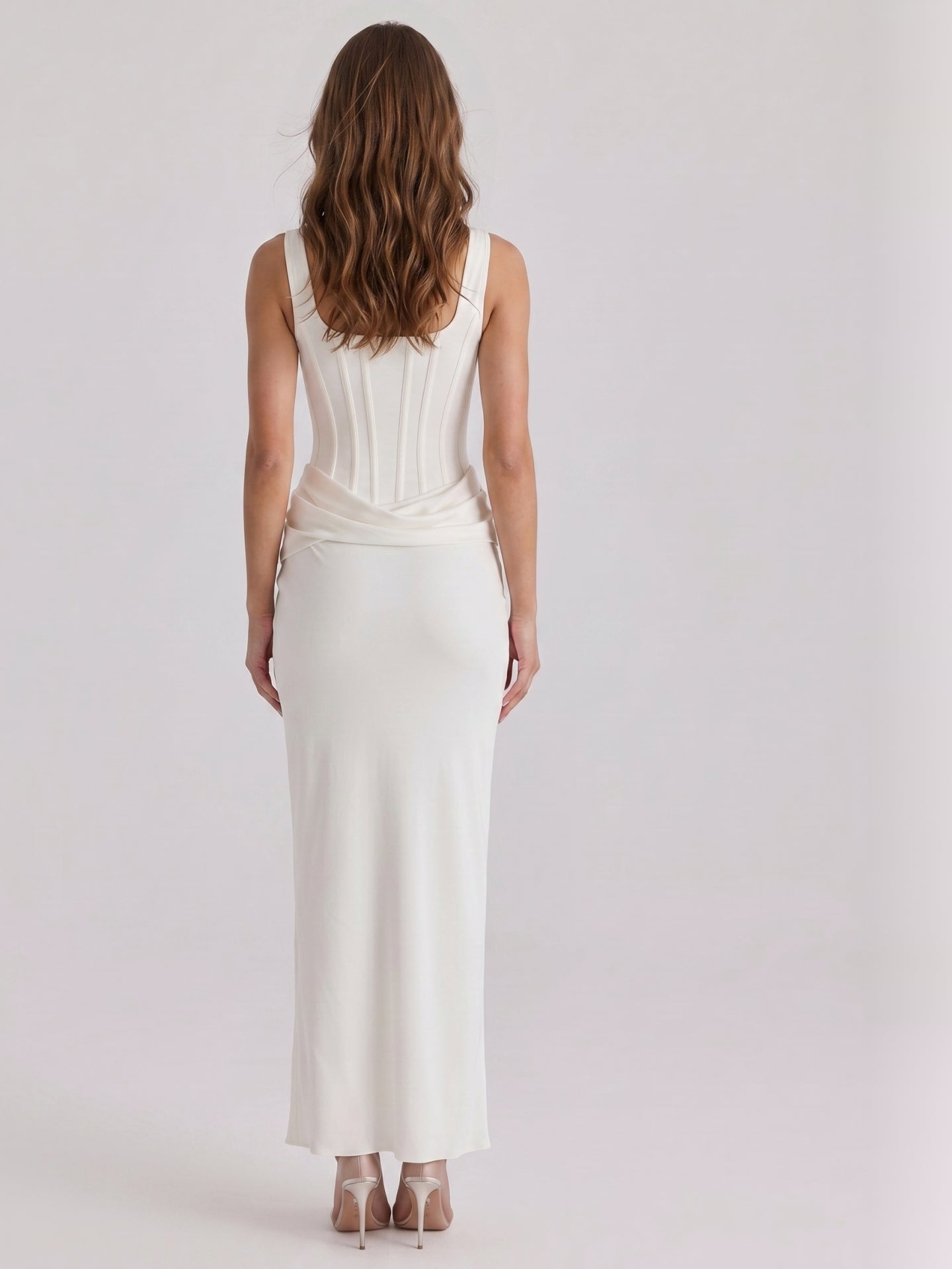Ivory Satin Sheath Square Neck Side Zip Ankle-Length Pleated Bridesmaid Dress