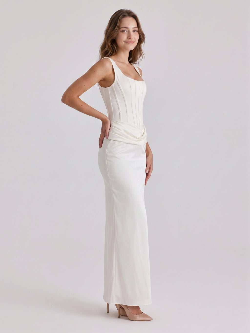 Ivory Satin Sheath Square Neck Side Zip Ankle-Length Pleated Bridesmaid Dress