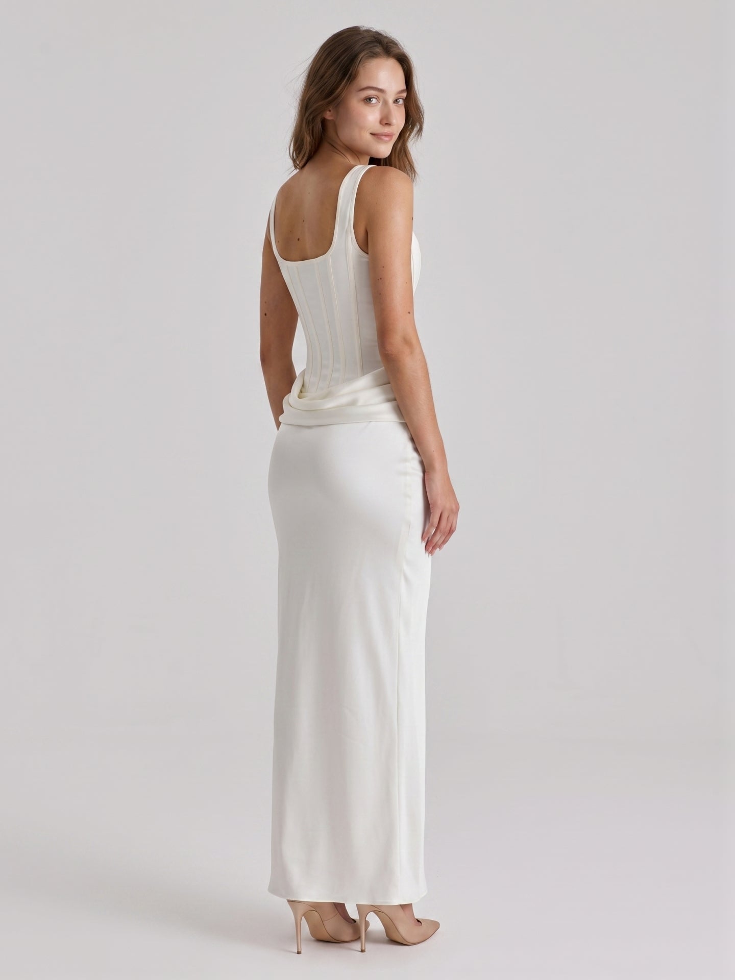 Ivory Satin Sheath Square Neck Side Zip Ankle-Length Pleated Bridesmaid Dress