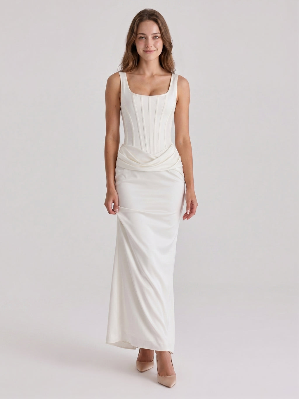 Ivory Satin Sheath Square Neck Side Zip Ankle-Length Pleated Bridesmaid Dress