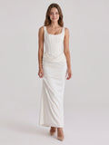 Ivory Satin Sheath Square Neck Side Zip Ankle-Length Pleated Bridesmaid Dress