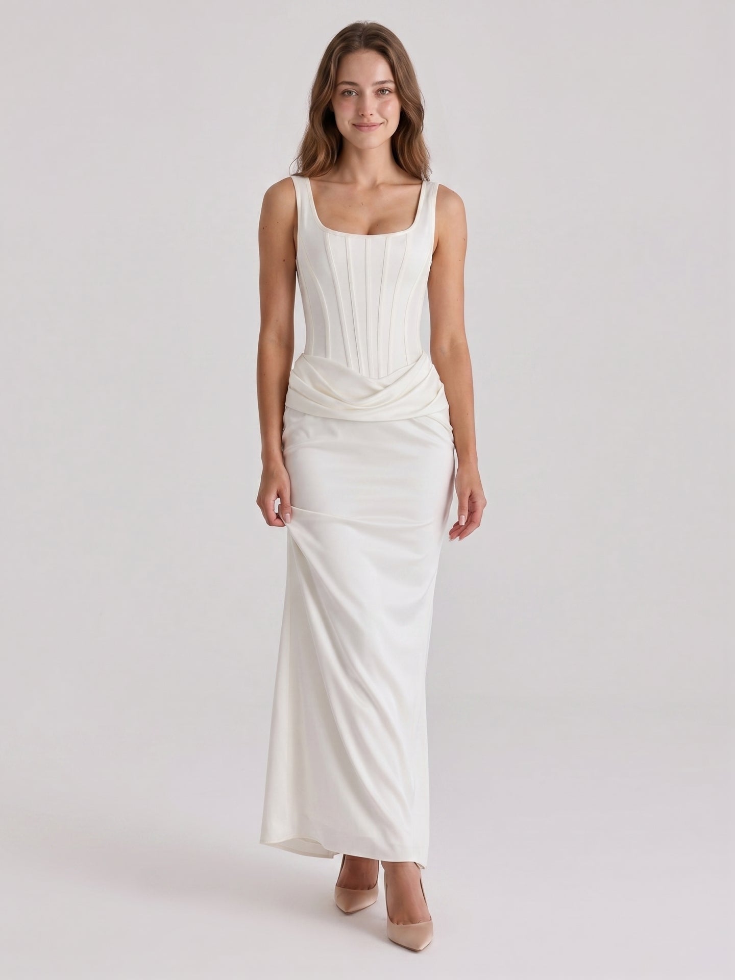 Ivory Satin Sheath Square Neck Side Zip Ankle-Length Pleated Bridesmaid Dress