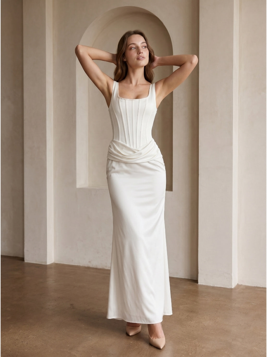 Ivory Satin Sheath Square Neck Side Zip Ankle-Length Pleated Bridesmaid Dress