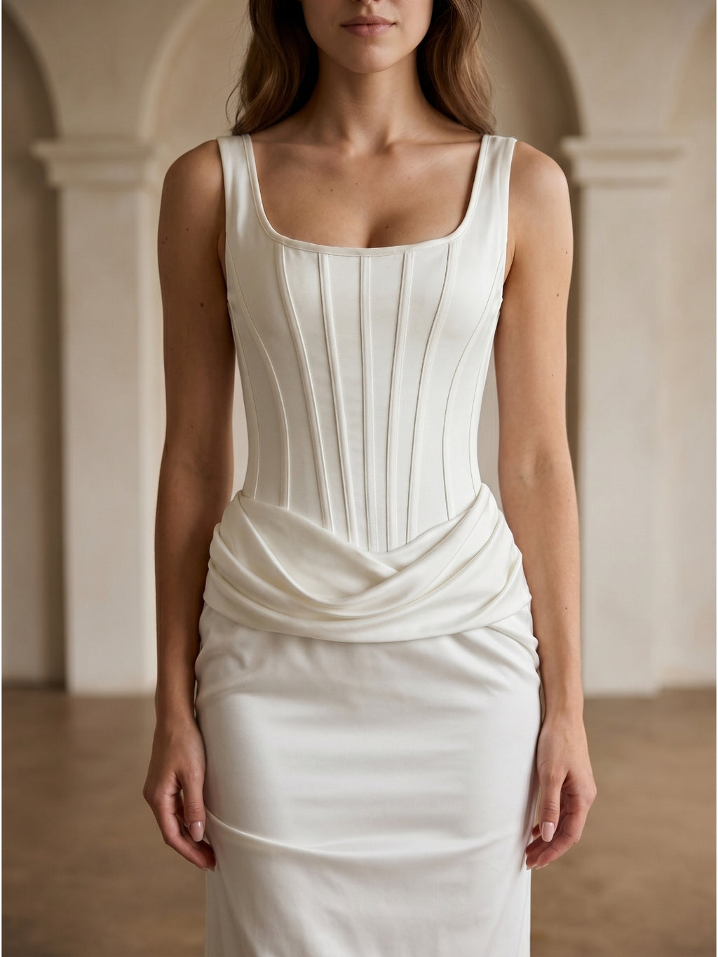 Ivory Satin Sheath Square Neck Side Zip Ankle-Length Pleated Bridesmaid Dress