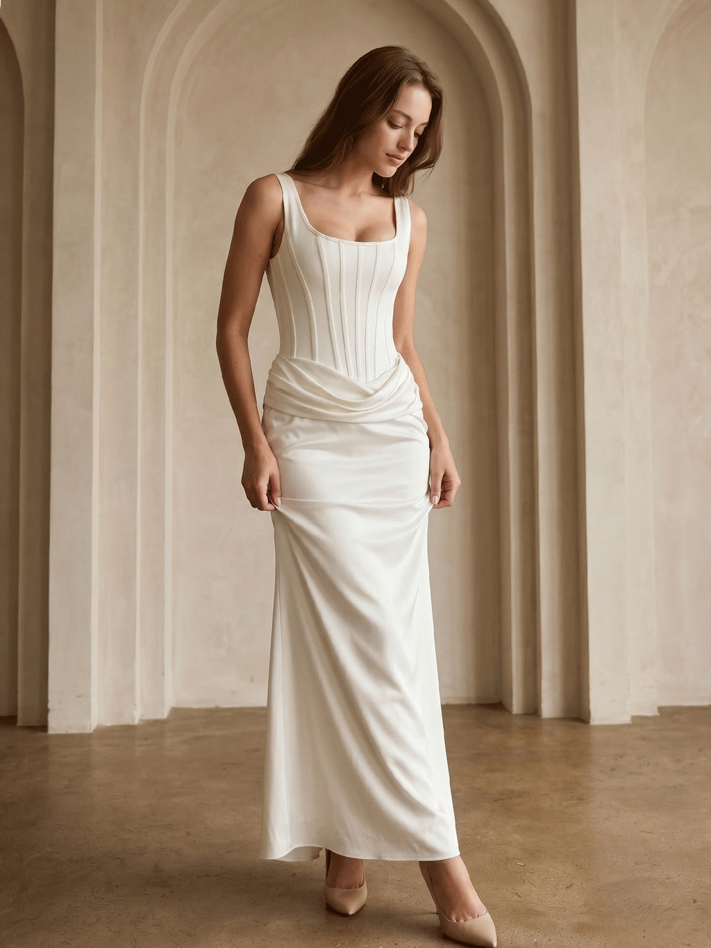 Ivory Satin Sheath Square Neck Side Zip Ankle-Length Pleated Bridesmaid Dress