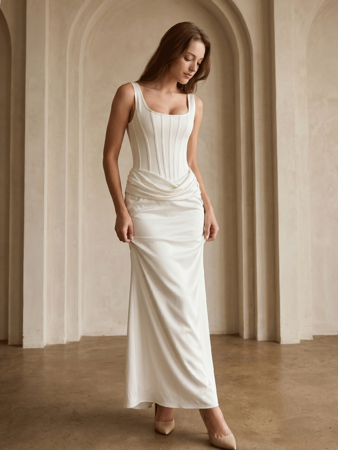 Ivory Satin Sheath Square Neck Side Zip Ankle-Length Pleated Bridesmaid Dress