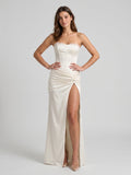 Ivory Satin Sheath Straight Neck Lace-Up Back Floor-Length Pleated Evening Gown