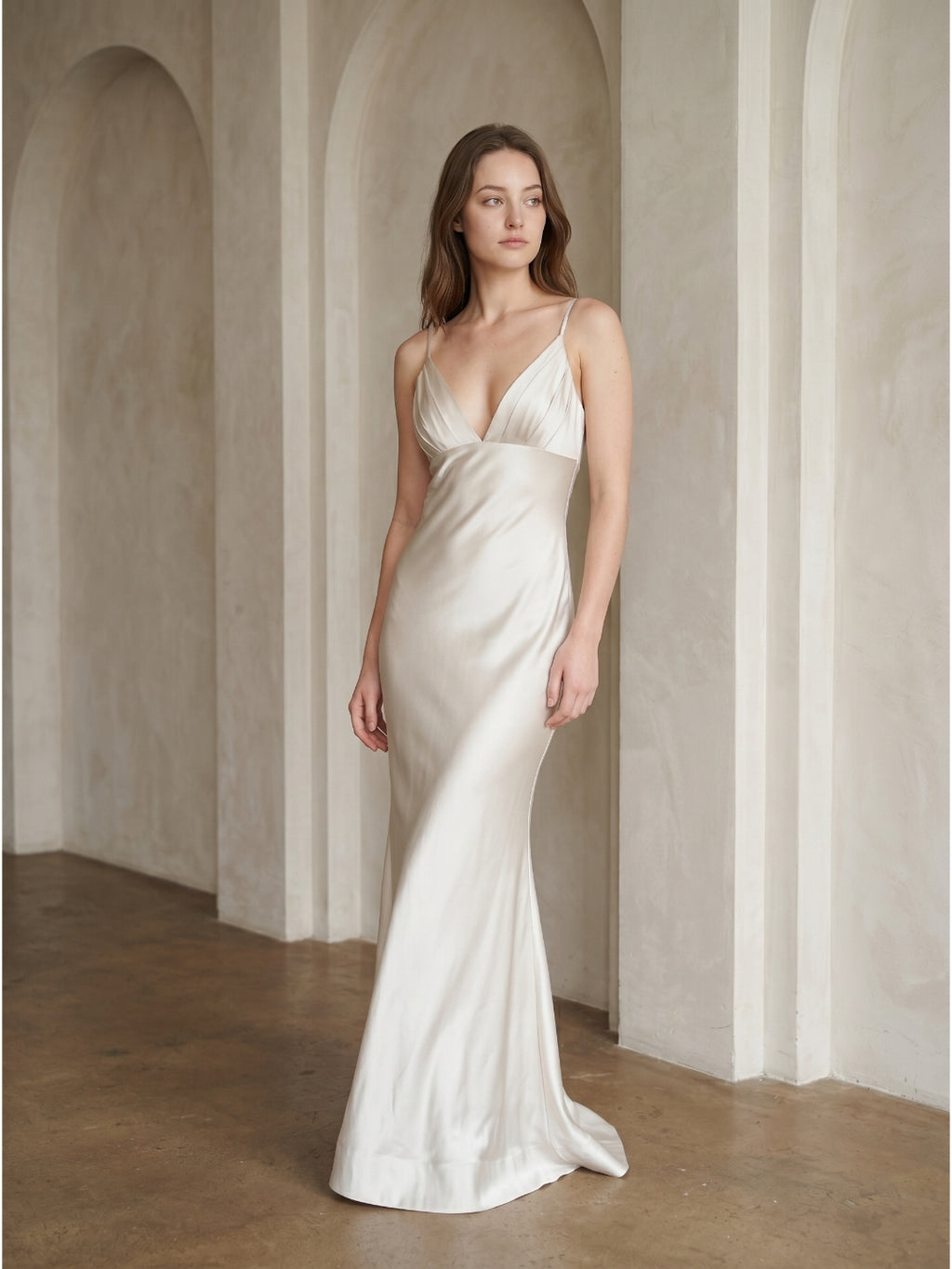 Ivory Satin Sheath V-Neck Backless Floor-Length Bridesmaid Dress with Pleated Detail