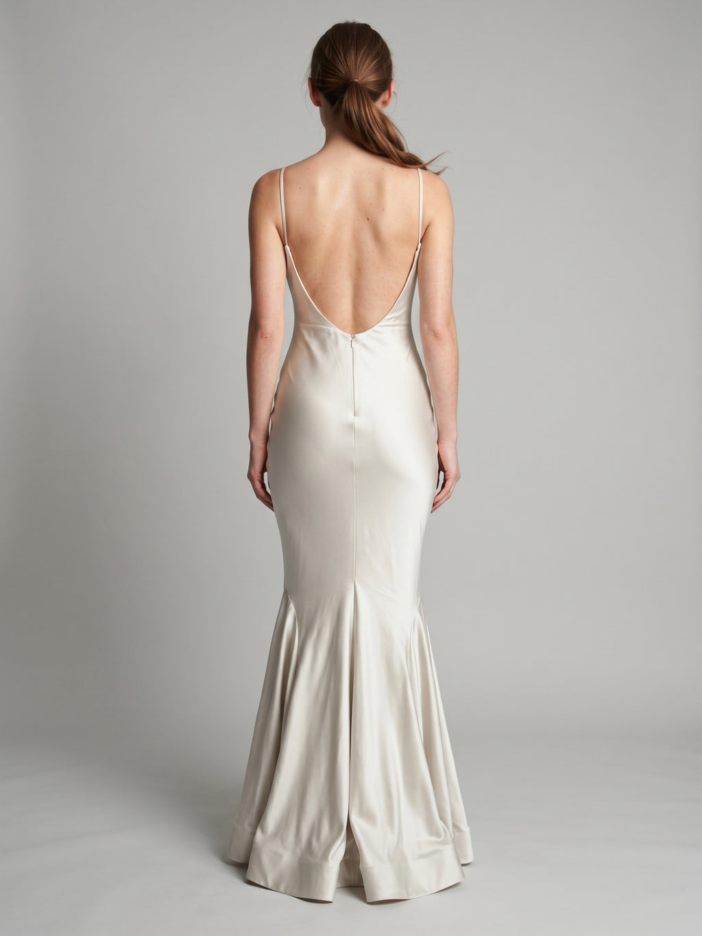 Ivory Satin Sheath V-Neck Backless Floor-Length Bridesmaid Dress with Pleated Detail