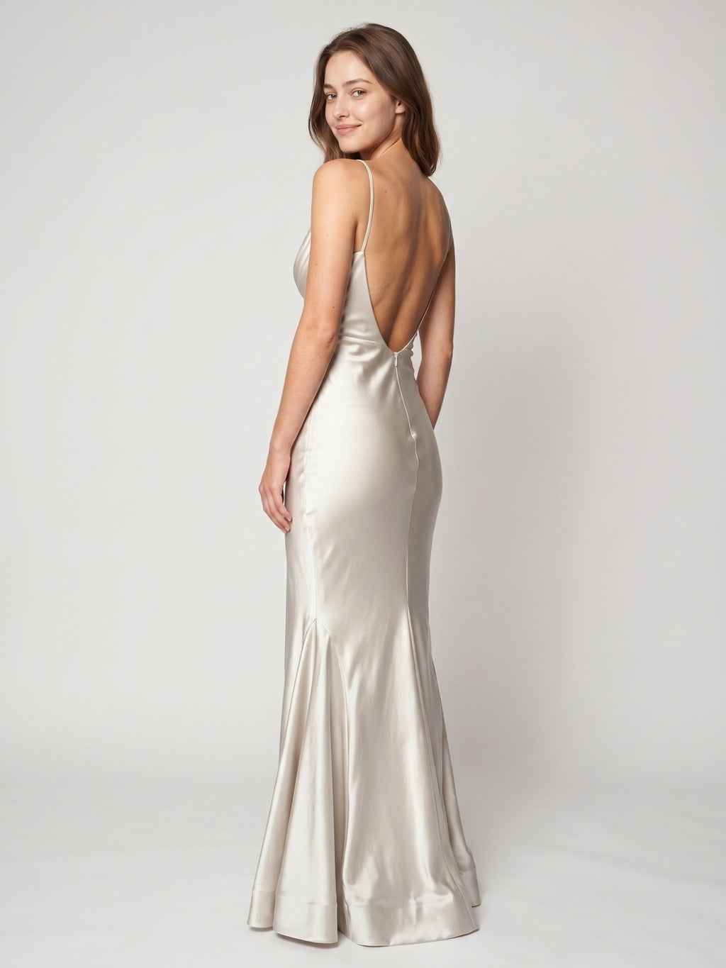 Ivory Satin Sheath V-Neck Backless Floor-Length Bridesmaid Dress with Pleated Detail
