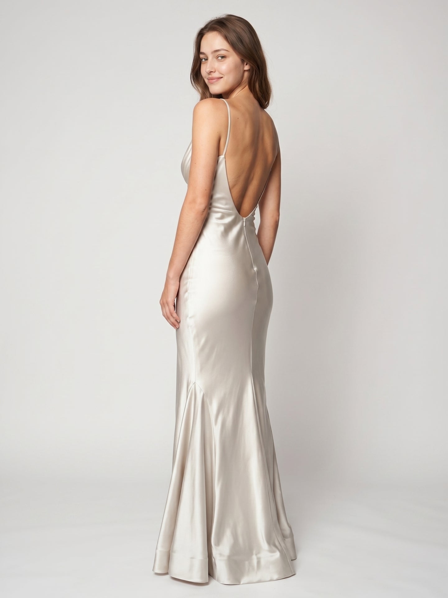 Ivory Satin Sheath V-Neck Backless Floor-Length Bridesmaid Dress with Pleated Detail