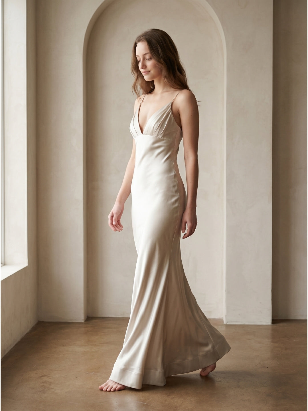 Ivory Satin Sheath V-Neck Backless Floor-Length Bridesmaid Dress with Pleated Detail