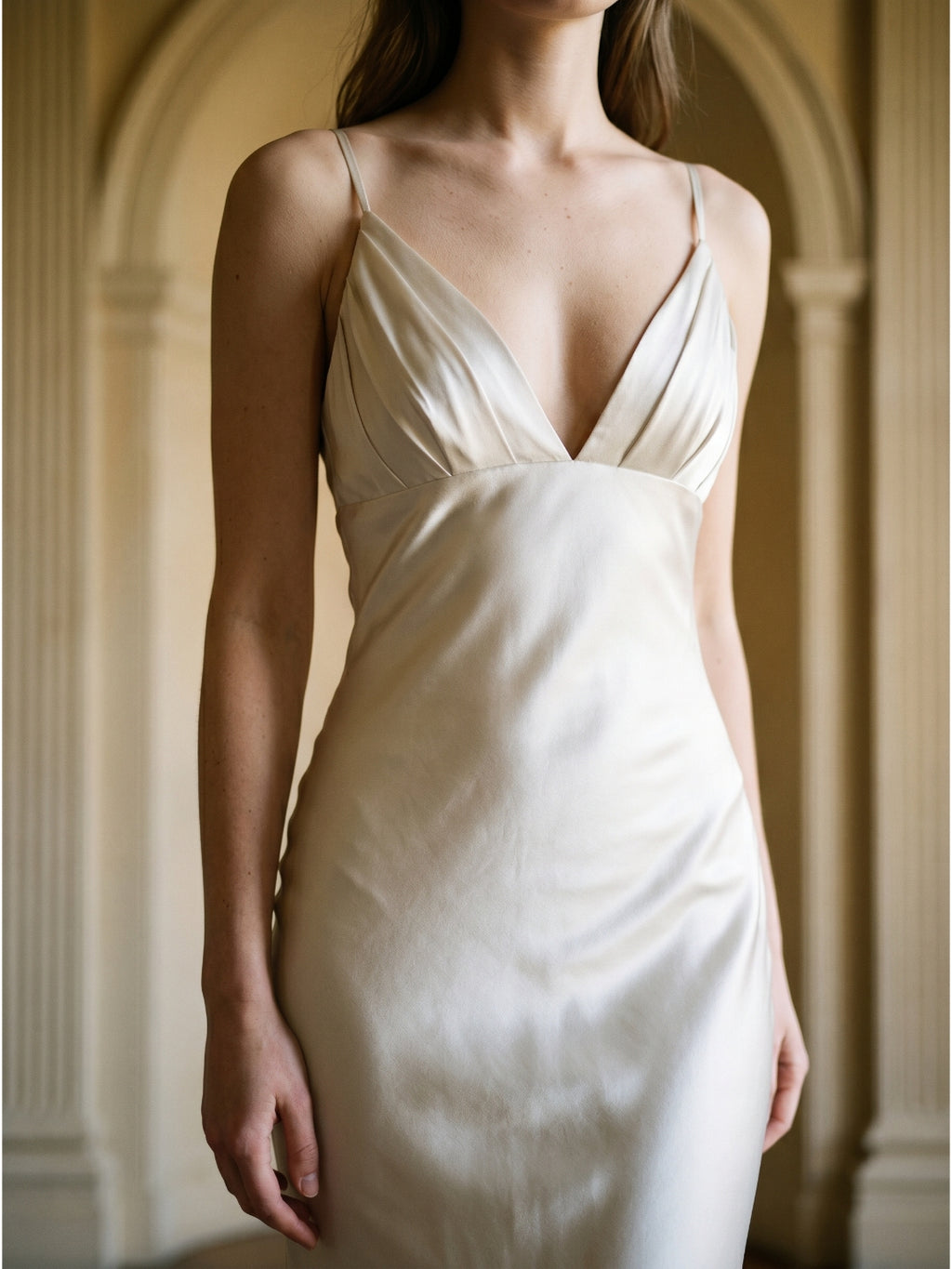 Ivory Satin Sheath V-Neck Backless Floor-Length Bridesmaid Dress with Pleated Detail