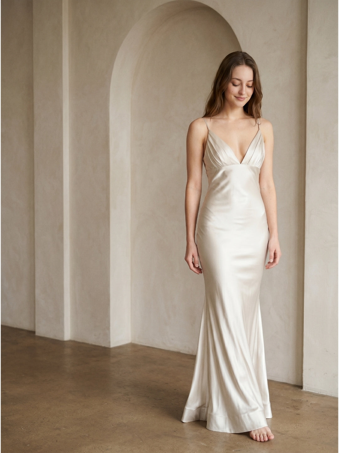 Ivory Satin Sheath V-Neck Backless Floor-Length Bridesmaid Dress with Pleated Detail