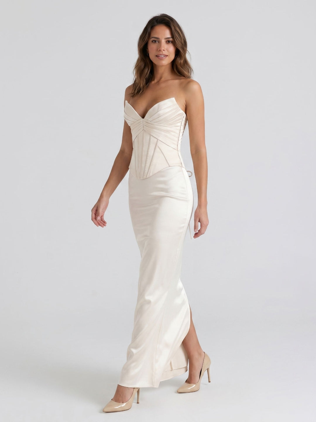 Ivory Satin Sheath V-Neck Corset Back Ankle-Length Birthday Dress