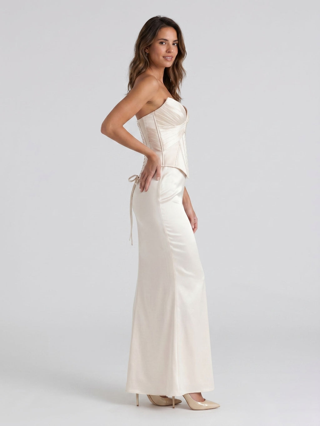 Ivory Satin Sheath V-Neck Corset Back Ankle-Length Birthday Dress
