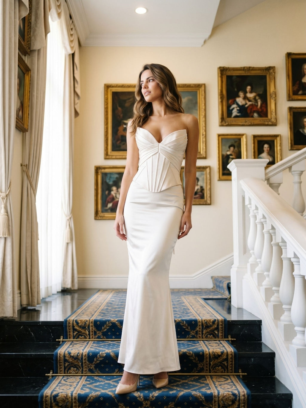 Ivory Satin Sheath V-Neck Corset Back Ankle-Length Birthday Dress