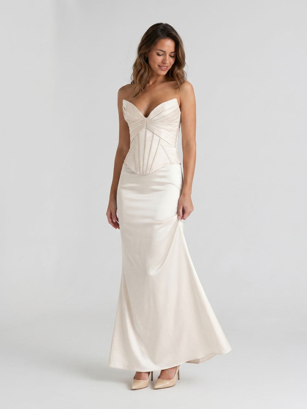 Ivory Satin Sheath V-Neck Corset Back Ankle-Length Birthday Dress