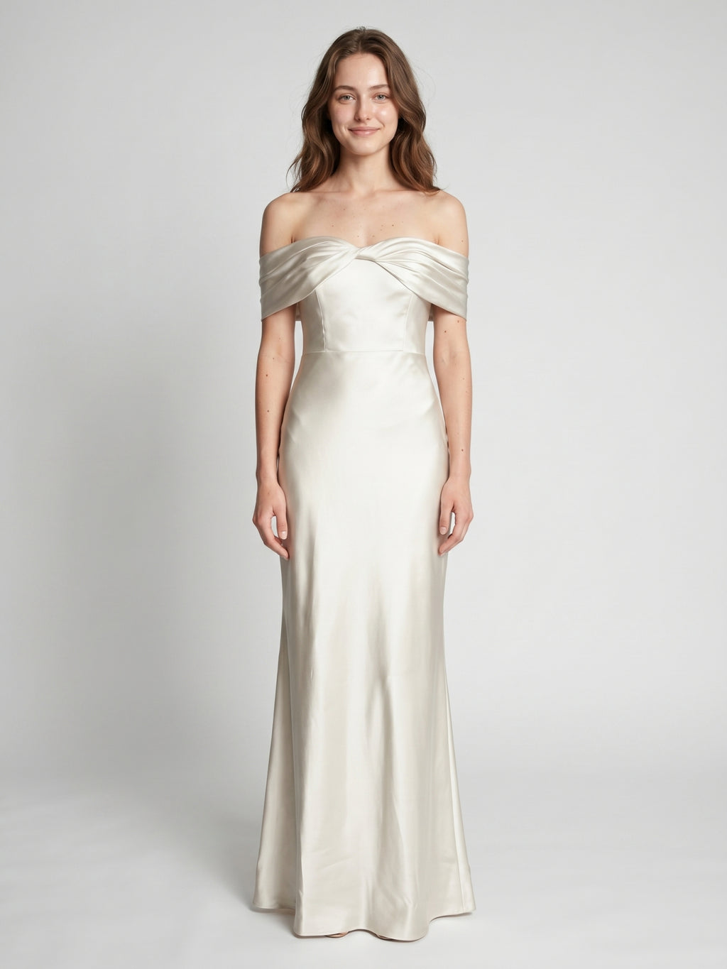 Ivory Satin Trumpet Off-the-Shoulder Back Zip Floor-Length Bridesmaid Dress with Pleated Accent