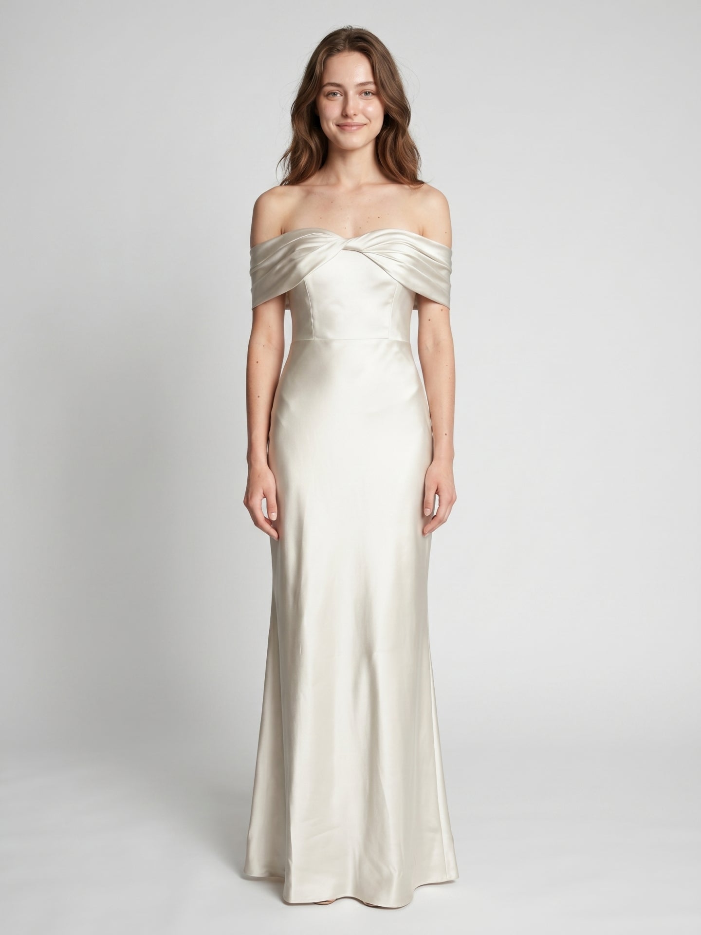 Ivory Satin Trumpet Off-the-Shoulder Back Zip Floor-Length Bridesmaid Dress with Pleated Accent
