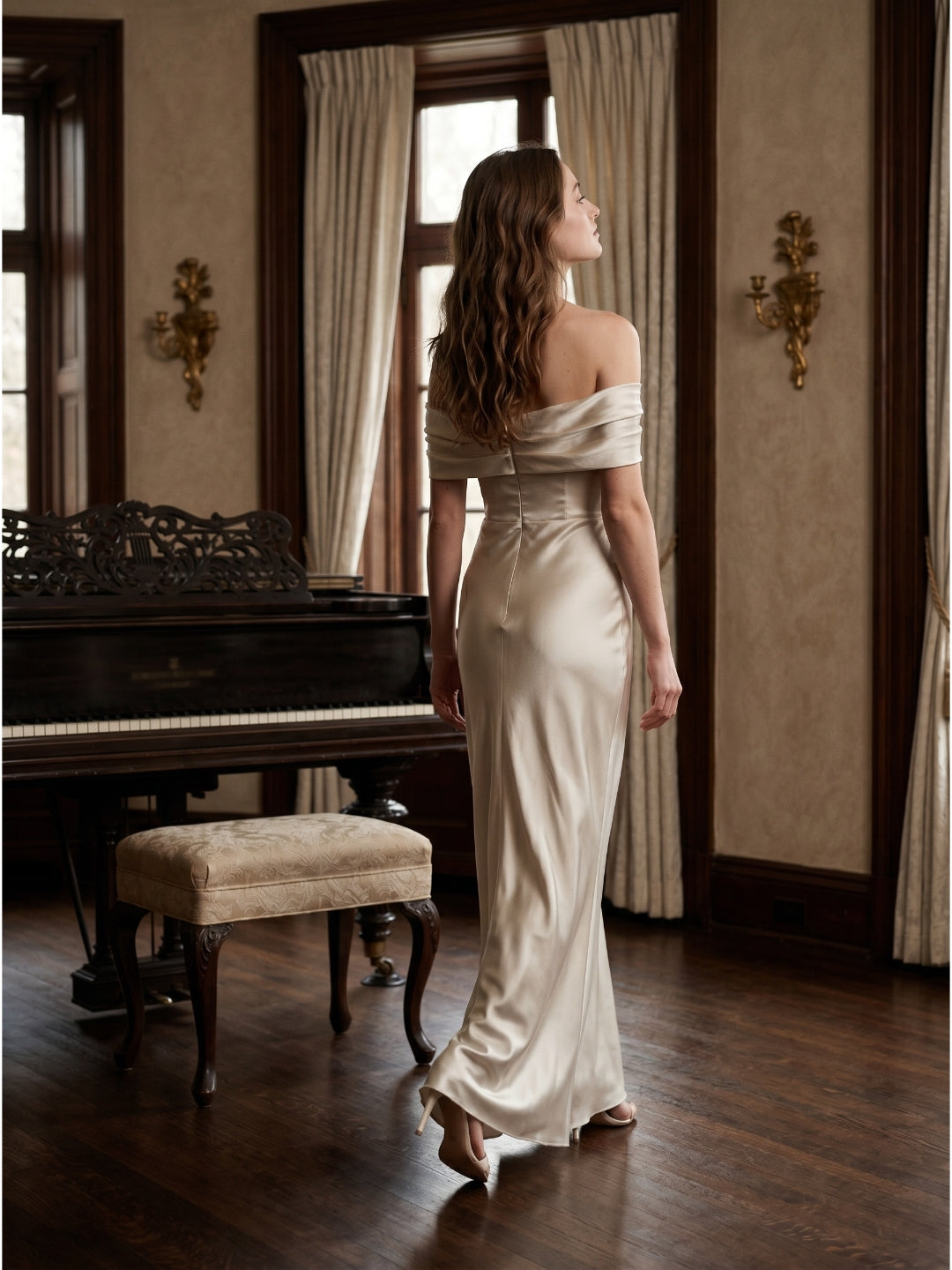Ivory Satin Trumpet Off-the-Shoulder Back Zip Floor-Length Bridesmaid Dress with Pleated Accent