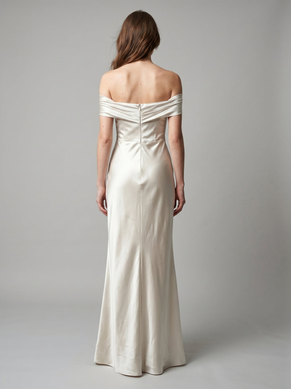 Ivory Satin Trumpet Off-the-Shoulder Back Zip Floor-Length Bridesmaid Dress with Pleated Accent