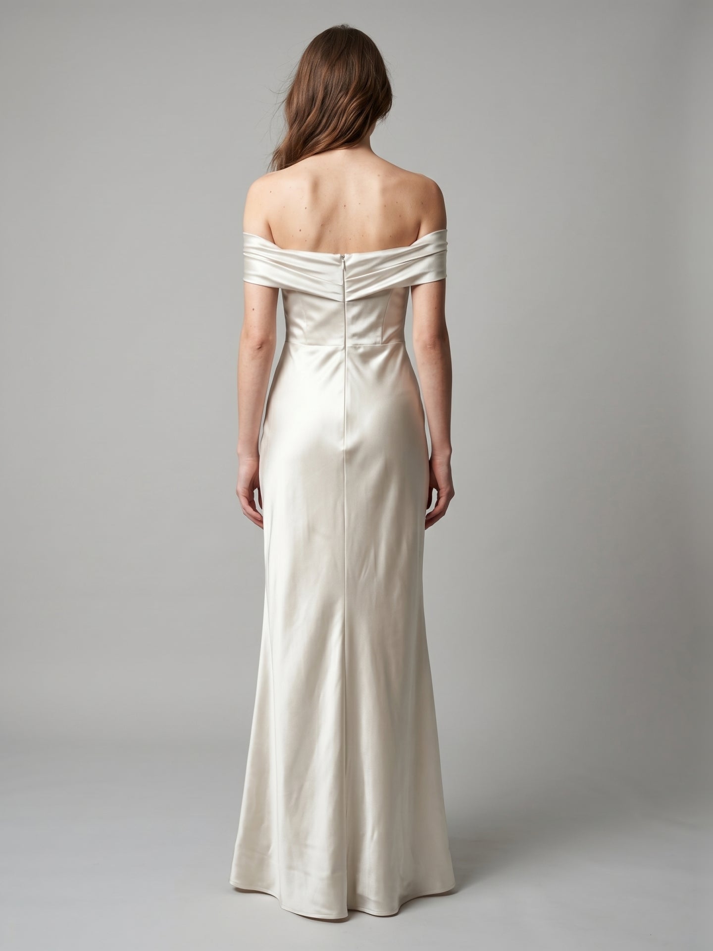Ivory Satin Trumpet Off-the-Shoulder Back Zip Floor-Length Bridesmaid Dress with Pleated Accent