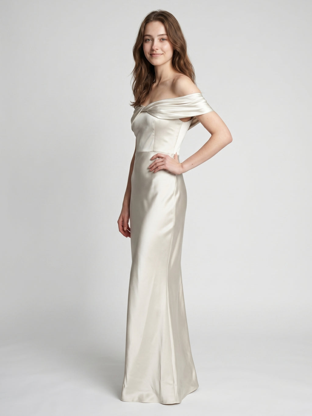 Ivory Satin Trumpet Off-the-Shoulder Back Zip Floor-Length Bridesmaid Dress with Pleated Accent
