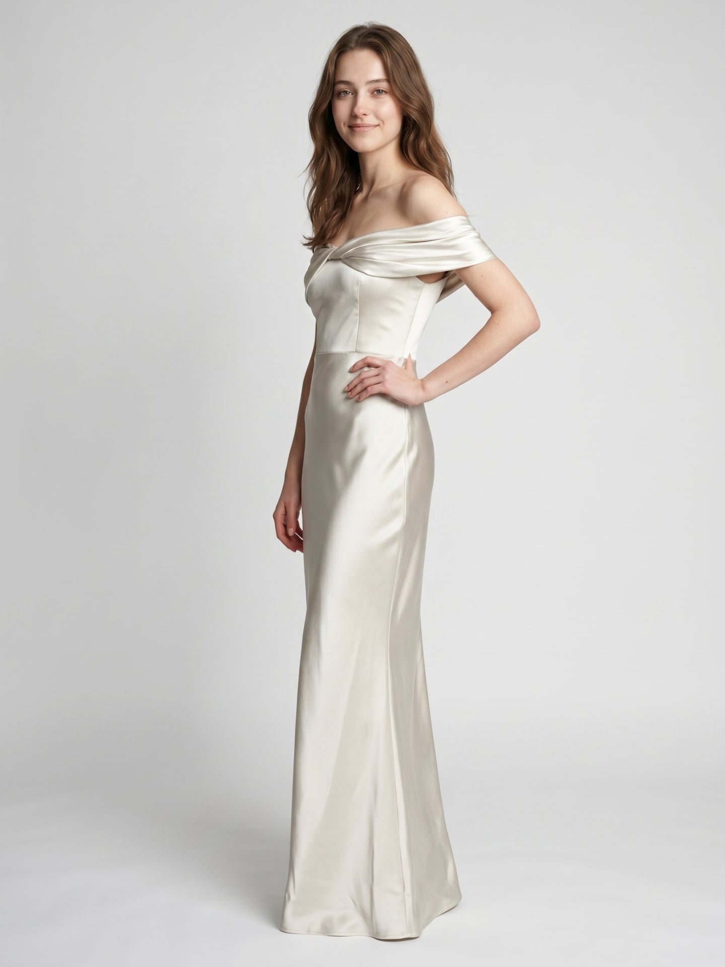 Ivory Satin Trumpet Off-the-Shoulder Back Zip Floor-Length Bridesmaid Dress with Pleated Accent