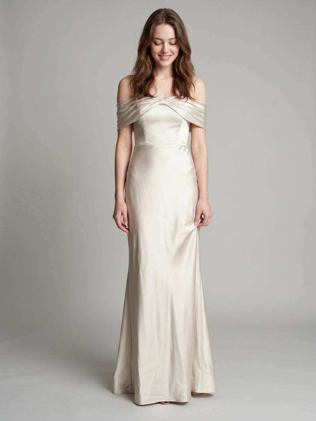 Ivory Satin Trumpet Off-the-Shoulder Back Zip Floor-Length Bridesmaid Dress with Pleated Accent