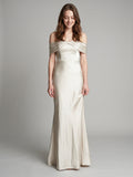 Ivory Satin Trumpet Off-the-Shoulder Back Zip Floor-Length Bridesmaid Dress with Pleated Accent