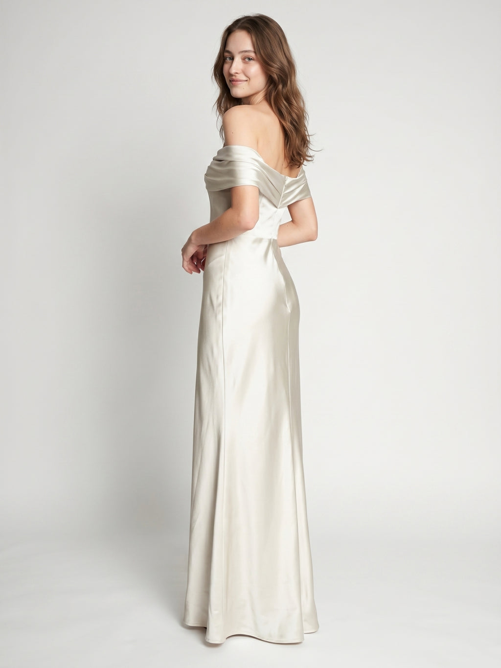 Ivory Satin Trumpet Off-the-Shoulder Back Zip Floor-Length Bridesmaid Dress with Pleated Accent