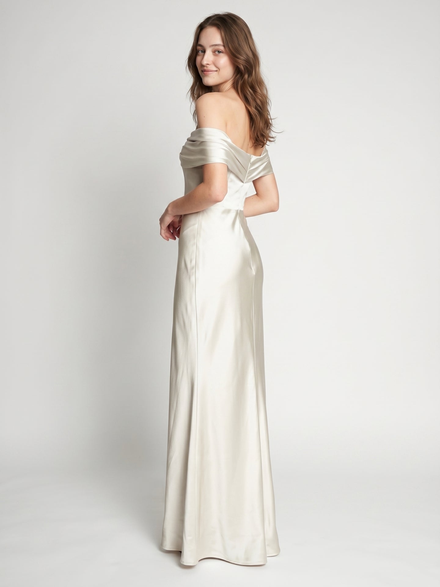 Ivory Satin Trumpet Off-the-Shoulder Back Zip Floor-Length Bridesmaid Dress with Pleated Accent