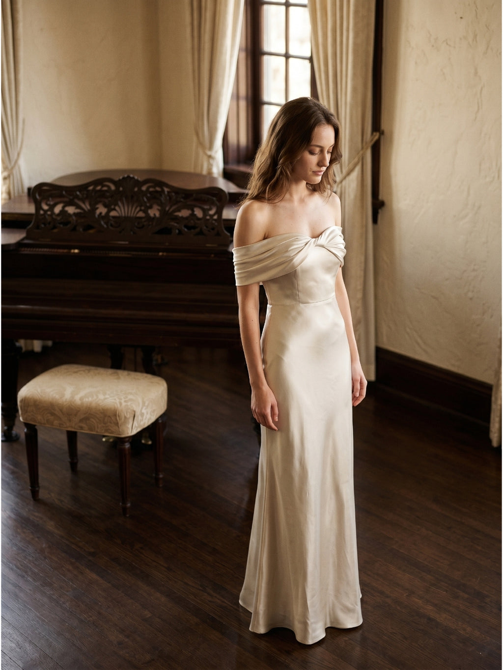 Ivory Satin Trumpet Off-the-Shoulder Back Zip Floor-Length Bridesmaid Dress with Pleated Accent