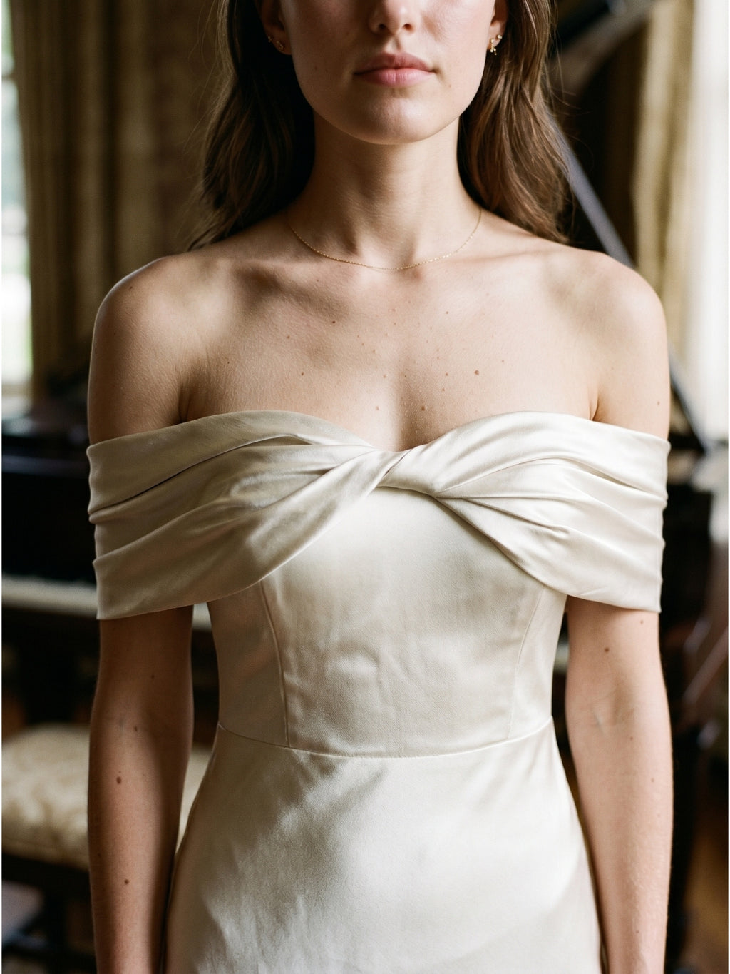 Ivory Satin Trumpet Off-the-Shoulder Back Zip Floor-Length Bridesmaid Dress with Pleated Accent