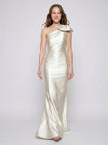 Ivory Satin Trumpet One Shoulder Back Zip Floor-Length Bridesmaid Dress with Bow Detail