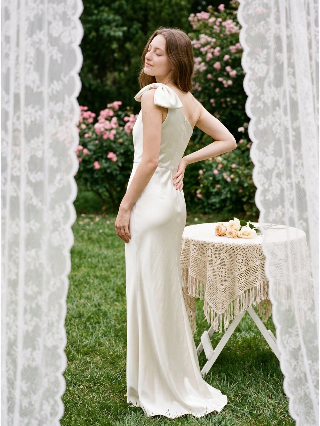 Ivory Satin Trumpet One Shoulder Back Zip Floor-Length Bridesmaid Dress with Bow Detail