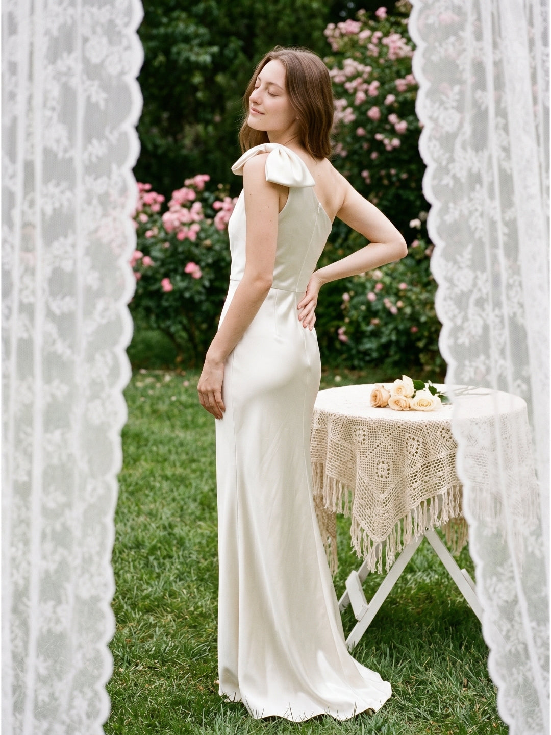 Ivory Satin Trumpet One Shoulder Back Zip Floor-Length Bridesmaid Dress with Bow Detail